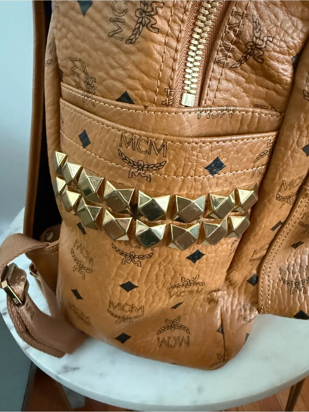 MCM Cognac Viestos Medium-Size Backpack with Monogram Side Studded Stark